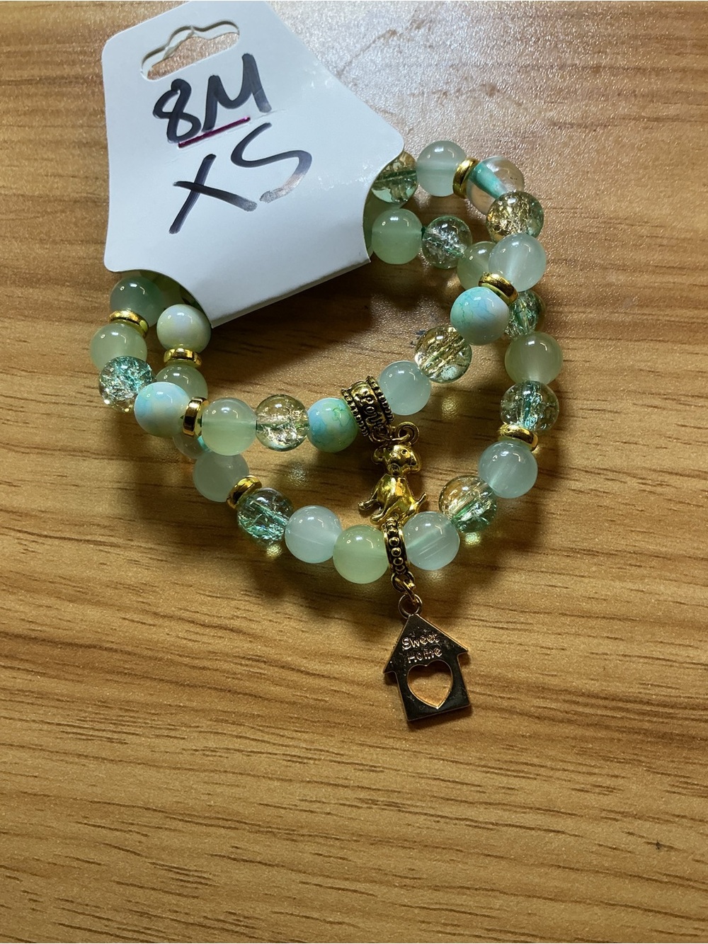 Gold-Accent Mint Green Beaded Wrap Bracelet with House Charm